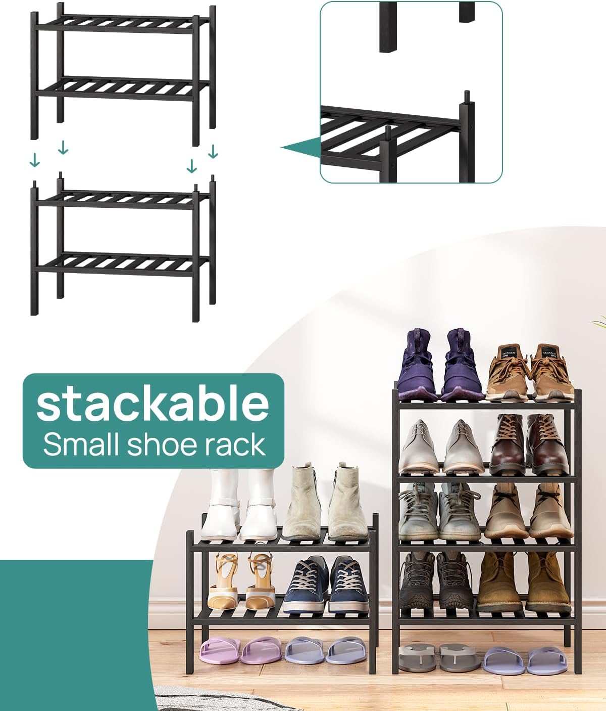 viewcare 3-Tier Black Bamboo Shoe Rack for Entryway, Stackable | Foldable | Natural, Shoe Shelf Storage Organizer for Hallway Closet, Free Standing Shoe Racks for Indoor Outdoor