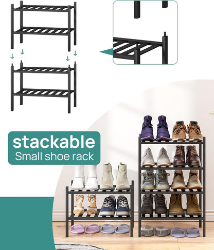 viewcare 3-Tier Black Bamboo Shoe Rack for Entryway, Stackable | Foldable | Natural, Shoe Shelf Storage Organizer for Hallway Closet, Free Standing Shoe Racks for Indoor Outdoor