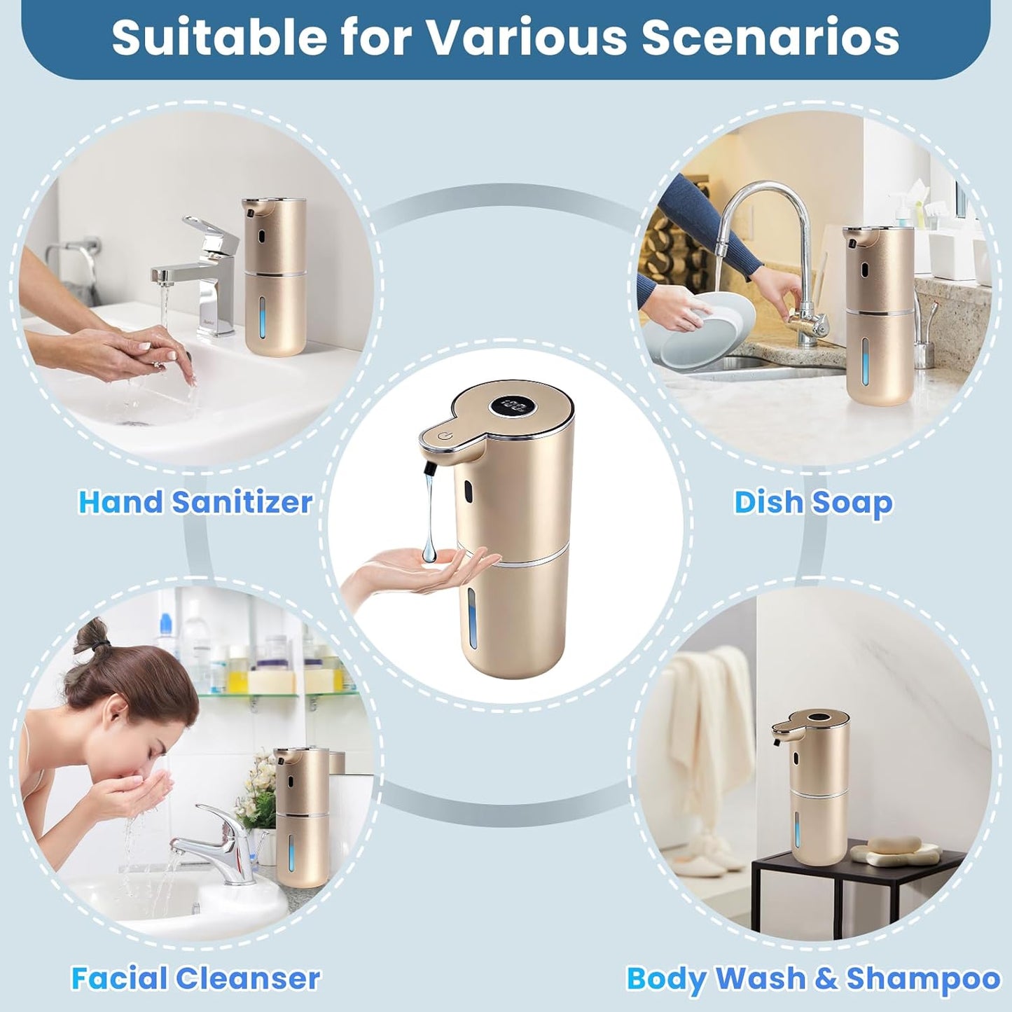 Automatic Soap Dispenser, Touchless Liquid Soap Dispensers, USB Rechargeable, 6-Level Adjustable Volume Control, 12.8oz/380ml, Wall Mount for Kitchen, Bathroom, Free Stickers (Gold)