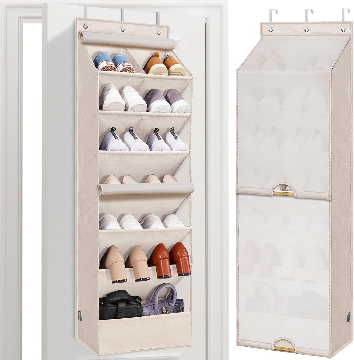 STORAGE MANIAC Over the Door Shoe Organizer with Curtain Dustproof Heavy-Duty Large Deep Pocket Hanging Shoe Organizer for Closet Dorm & Narrow Door Storage Shoe Holder Shoe Rack, 9-Shelf Beige 1 Pack