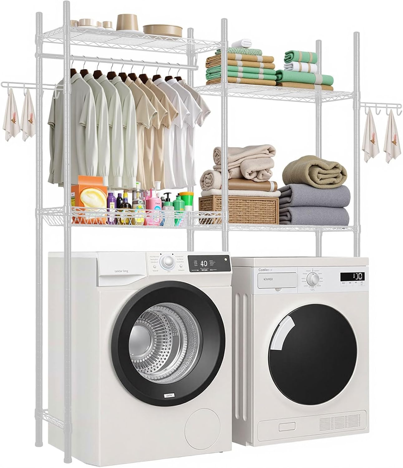 VEVOR Over The Washer and Dryer Storage Shelf, 3 Tier Laundry Room Drying Rack with Hanger Rod and Hooks, Adjustable Over Washer and Dryer Shelves, Laundry Room Shelf Storage Space Saver, Black