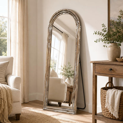 Arched Wood Floor Mirror with Stand, 63" x 21" Rustic Walnut Triple-Layer Solid Wood Frame Full Length Body Mirror, Shatterproof Tempered Glass, Wall Mounted or Leaning for Bedroom Entryway