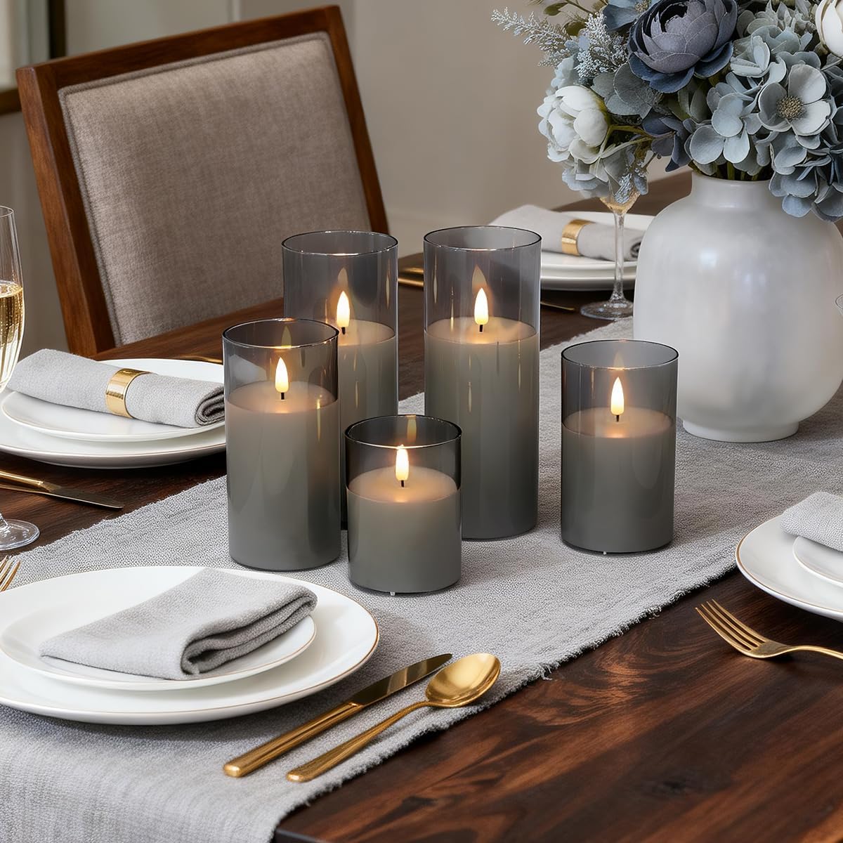 LEDHOLYT Rechargeable Flameless Glass Pillar Candles–Gifts for Women,–Set of 3, Realistic Flickering LED Light,Remote & Timer, Ideal for Living Room, Bedroom & Festival Wedding Home Party Decor