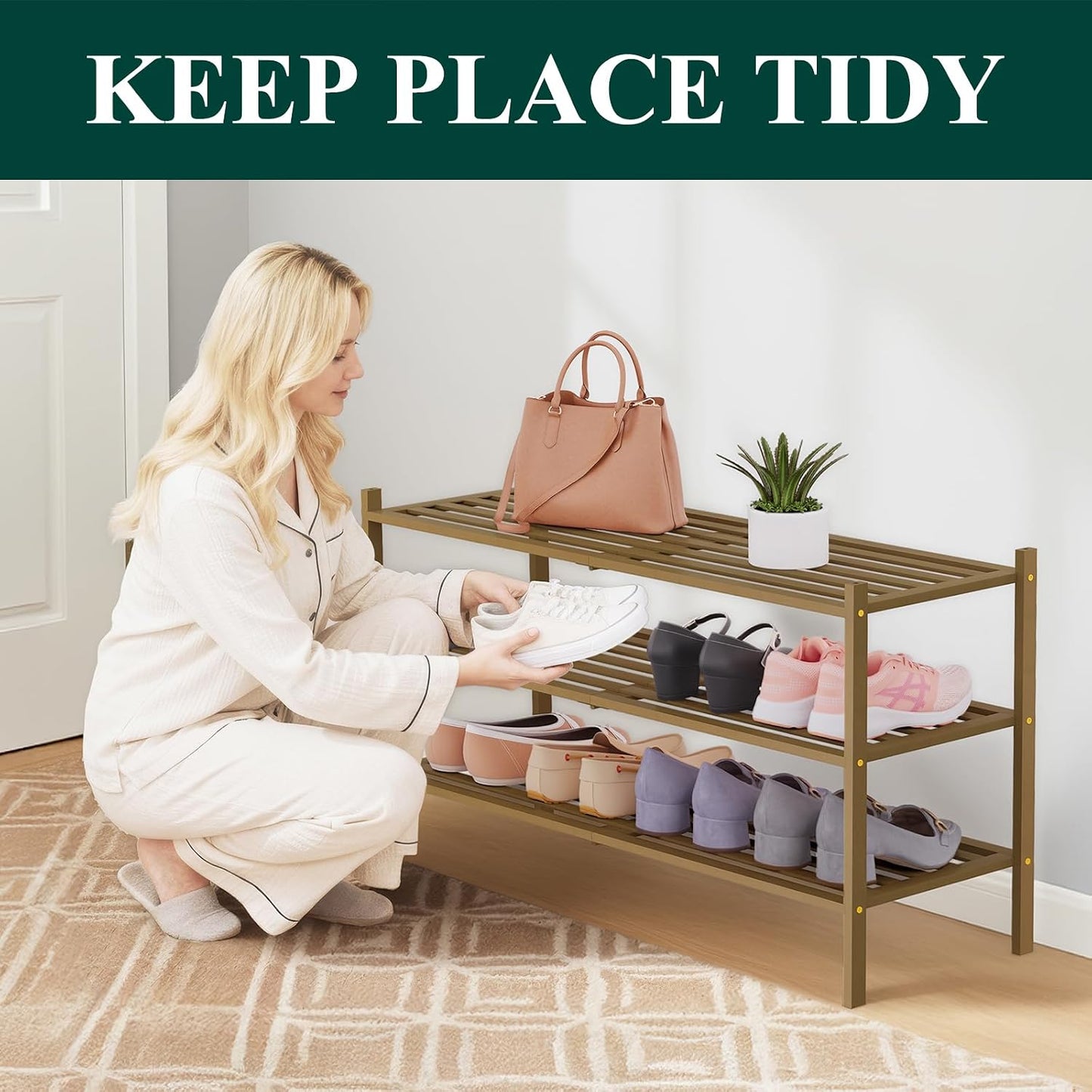 Smiry Bamboo Shoe Rack, 3 Tier Free Standing Wooden Shoe Organizer, Stackable Wood Shoe Storage Shelf for Closet, Entryway, 5 Horizontal Slats, 26.8"x11"x18.3", Natural