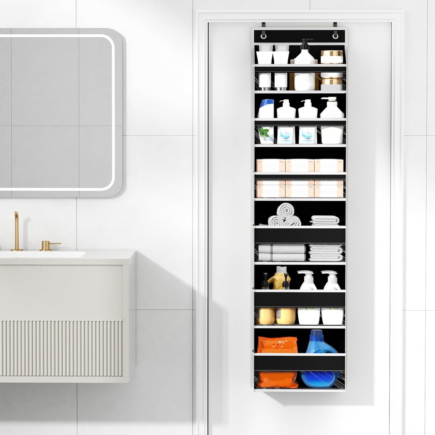 6 Tiers Over The Door Organizer, Heavy Duty Hanging Organizer Storage with Large Capacity Pockets, Behind Door Storage Hanging Shelves for Closet Wall Bathroom Bedroom Nursery Pantry, 1 Pack Grey