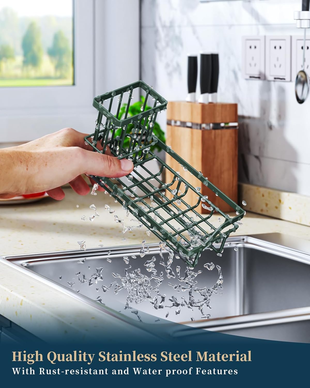 Consumest Sponge Holder for Kitchen Sink - Kitchen Sink Caddy Organizer with Removable Drip Tray for Countertop Dish Soap Dispenser Brush Storage Accessories 304 Stainless Steel - Black