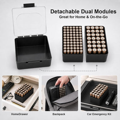 FULLCASE Plastic Battery Organizer with Tester, Battery Storage Case for AA AAA C D 9V Batteries, Portable Battery Holder Box for Home, Travel & Emergency Kits(Case Only) Black