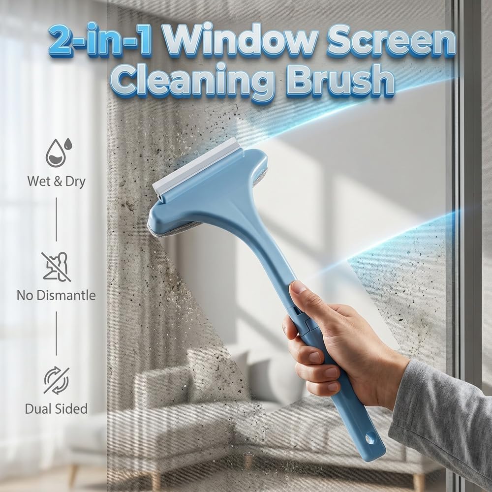 Window Screen Cleaning Brush, 2 in 1 Window Screen Cleaner Tool with Squeegee, Mesh Screen Cleaner, Multi-Purpose Cleaning Brush for Patio, Door, Porch Screens (Beige)