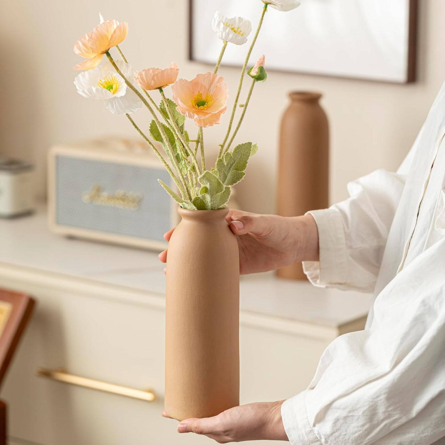 Ceramic Vase Set-3, Small Flower Vases for Decor, Modern Boho Farmhouse Style, Decorative Vases for Pampas Grass & Dried Flowers, Distressed Finish (Beige)