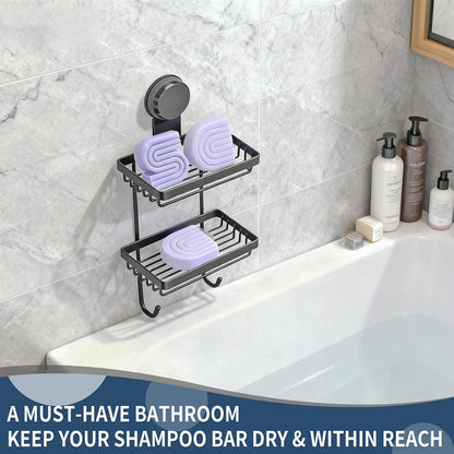 Shampoo Bar Holder Compatible with Kitsch, 2-Tier Self-Draining Shower Caddy with Suction Cup, Hanging Shampoo Bar and Conditioner Organizer with 2 Hooks, Rust-Free Bathroom Wall Accessories