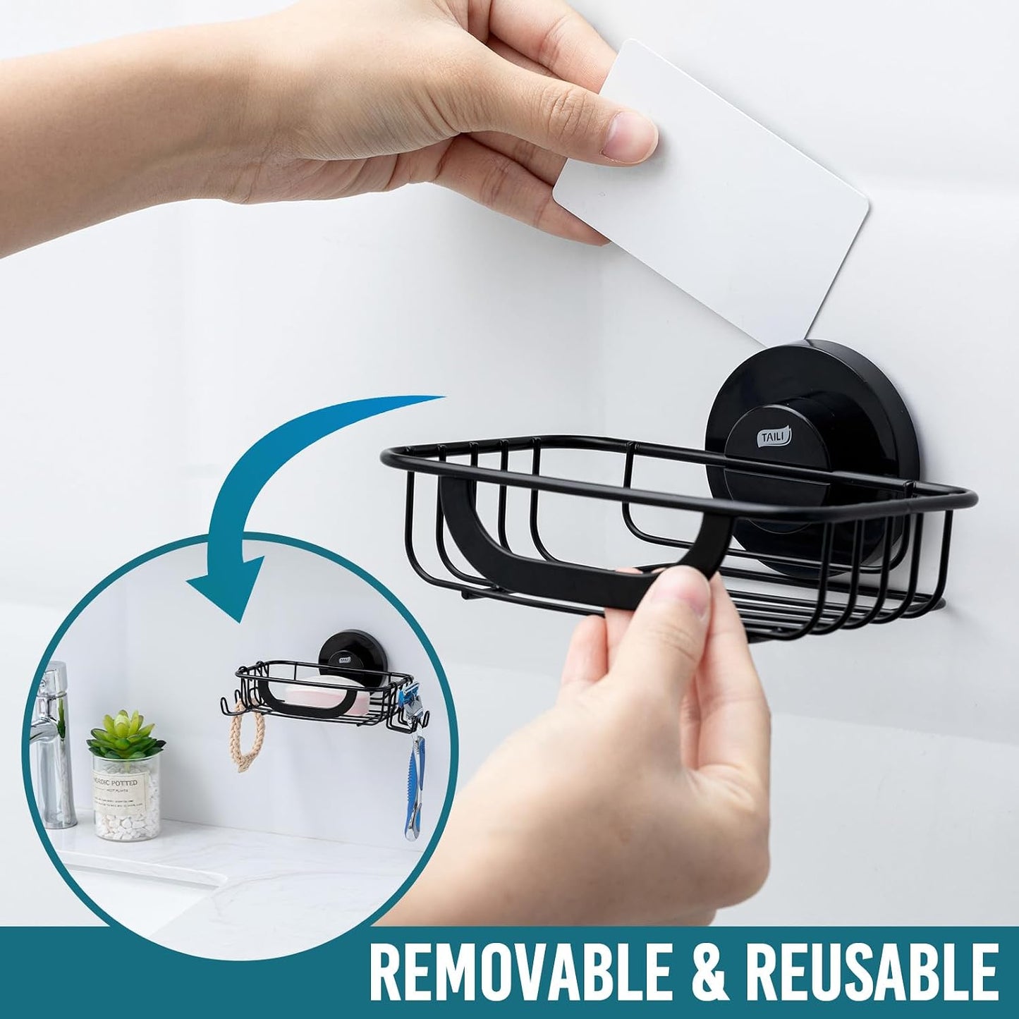 TAILI Soap Holder for Shower – Suction Cup Bar Soap Dish with Hooks, Rustproof Stainless Steel, Self-Draining Sponge Holder with Razor Holder for Bathroom & Kitchen, Black