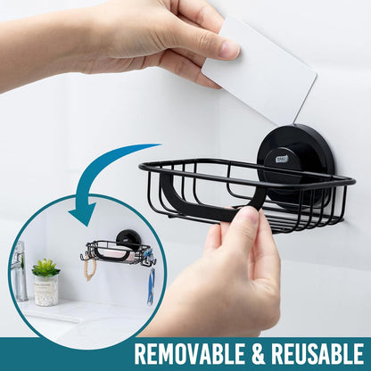 TAILI Soap Holder for Shower – Suction Cup Bar Soap Dish with Hooks, Rustproof Stainless Steel, Self-Draining Sponge Holder with Razor Holder for Bathroom & Kitchen, Black