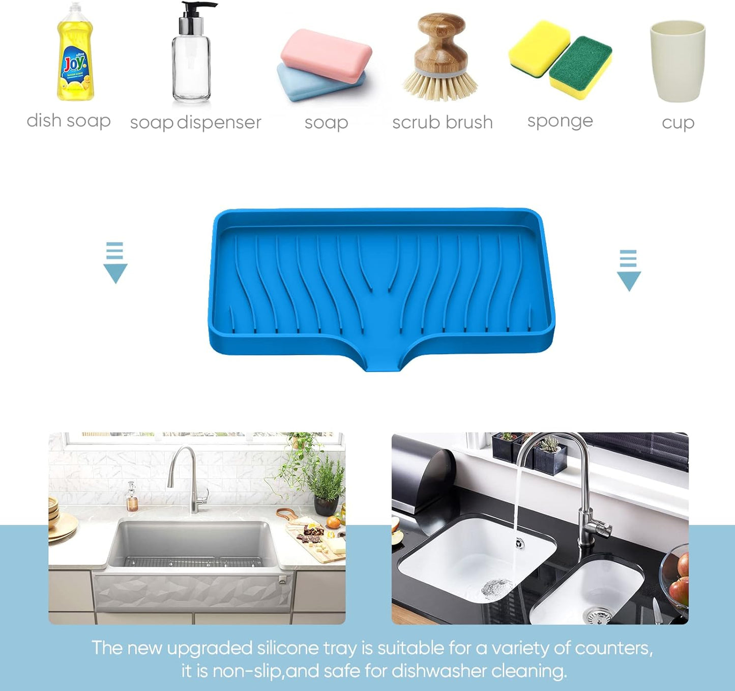 Kitchen Sink Tray,Self Draining Kitchen Soap Tray Soap Holder Silicone Sponge Holder for Kitchen Sink,Kitchen Bathroom Sink Caddy Sink Organizer for Sponge,Soap Dispenser,Dish Scrubber,Palm Brush