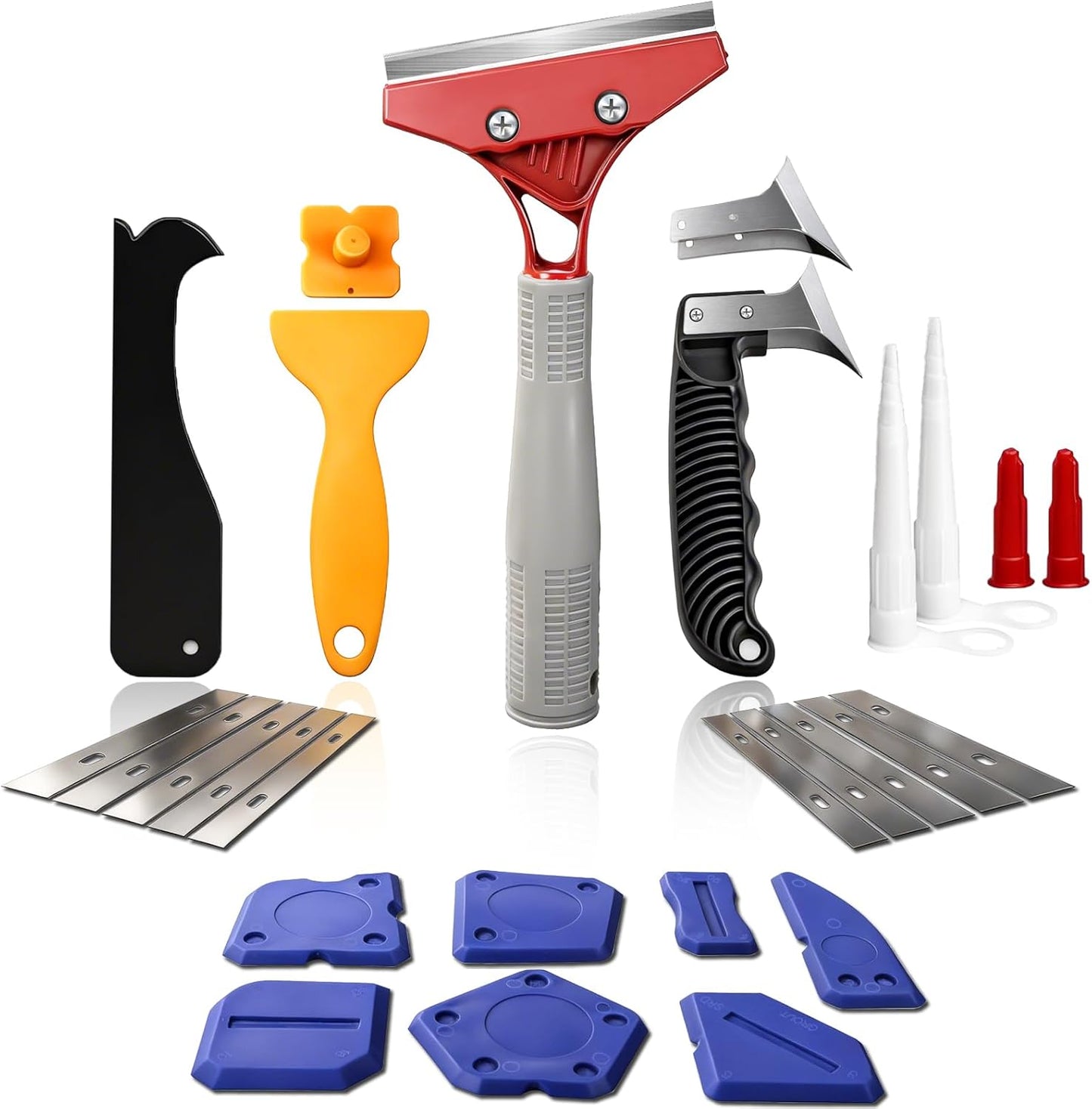 25 PCS Caulking Tool Kit, Caulk Remover, Grout Scraper & Sealant Finishing Tool - silicone caulking tool with Stainless Steel Scraper & 10 Replacement Blades for Bathroom, Kitchen, Tile, Shower, Sink