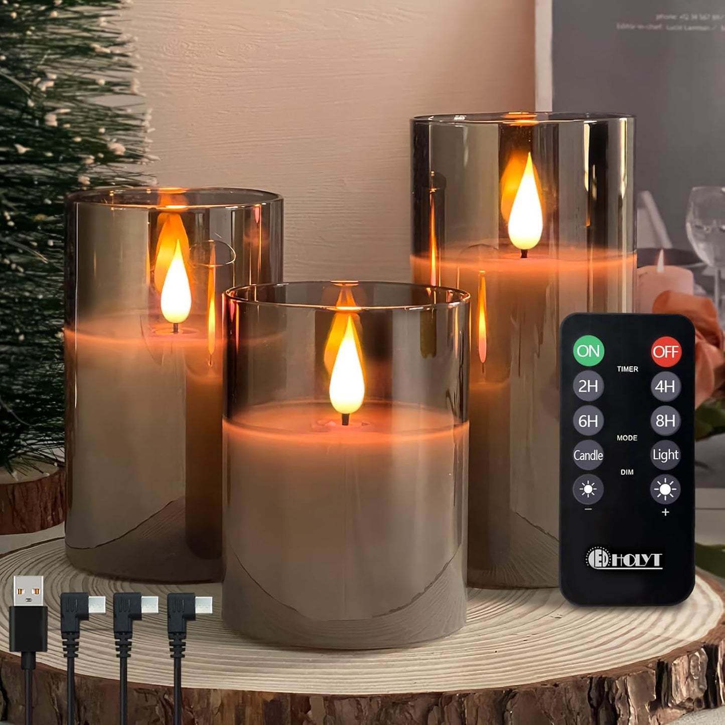 LEDHOLYT Rechargeable Flameless Glass Pillar Candles–Gifts for Women,–Set of 3, Realistic Flickering LED Light,Remote & Timer, Ideal for Living Room, Bedroom & Festival Wedding Home Party Decor