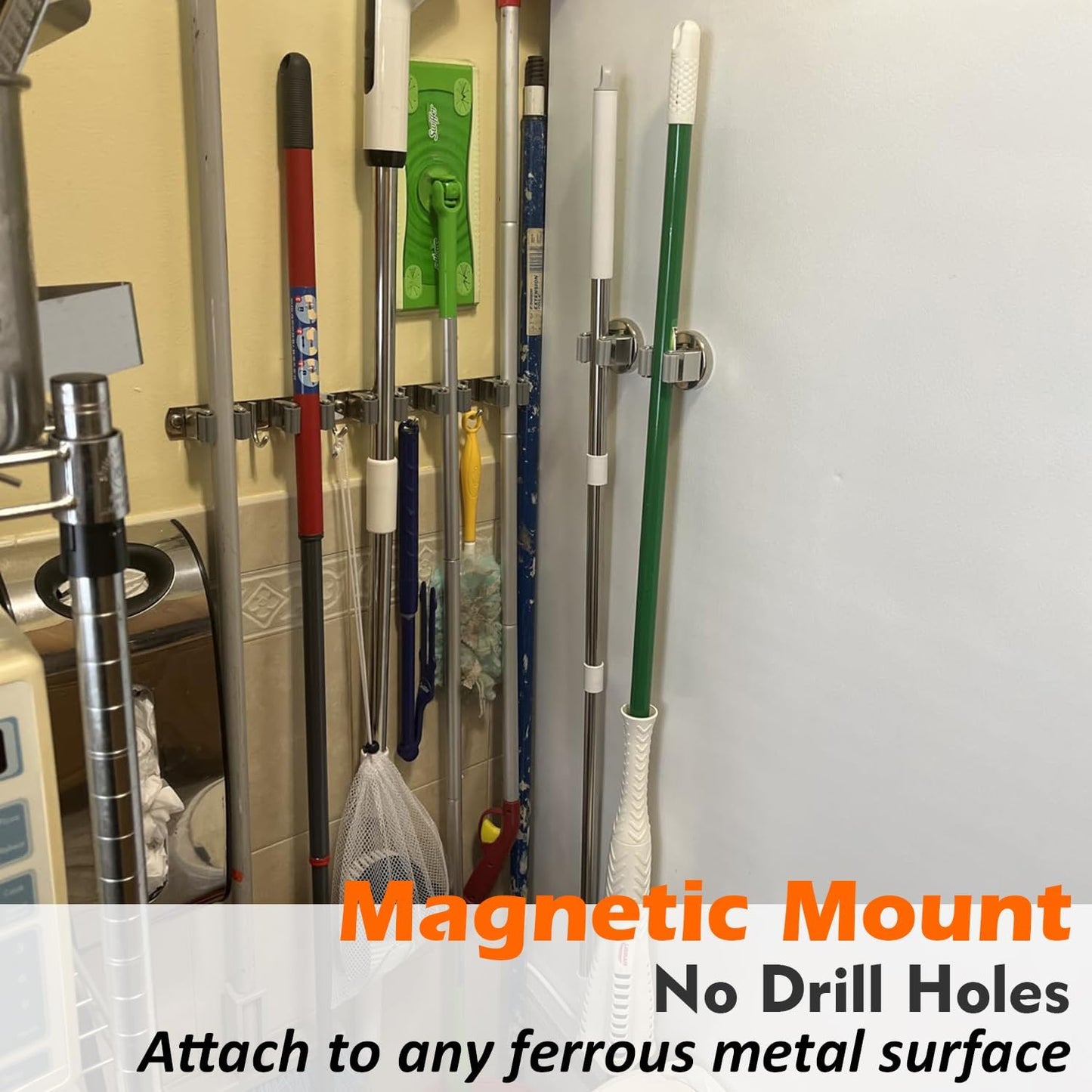 MUTUACTOR Heavy Duty Magnetic Broom Holder,Anti-slip Magnetic Tool Rack with Top Utility Shelf, Easy Assembly Broom Mop Organizer for Refrigerator Metal Cabinet Laundry Room Kitchen,3-Clamps 4-Hooks