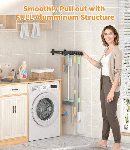 Pull Out Broom Holder With 9 Adjustable Sliding Hook, Multifunctional Slide Broom And Mop Storage/Organizer Garage Organization Hooks, for Closet Laundry - Dark grey- 41cm/16.14inch