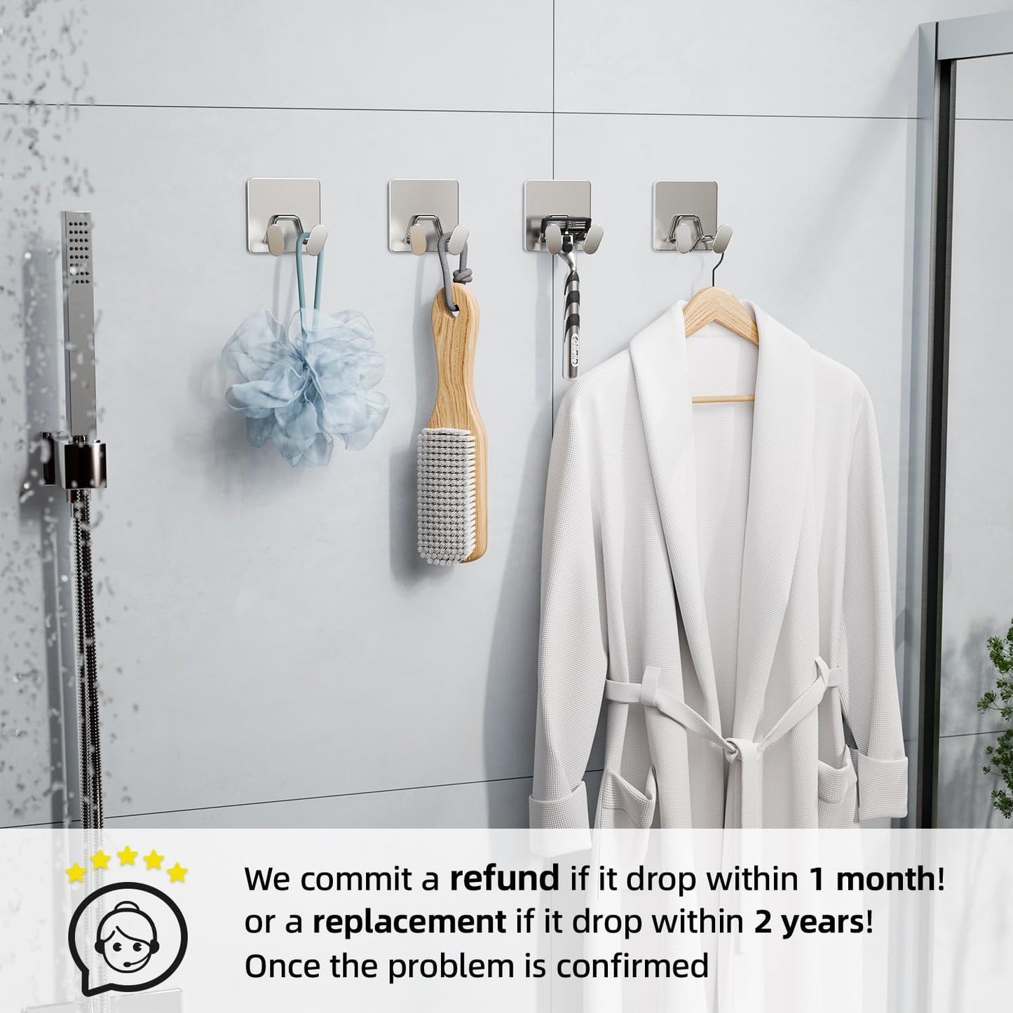 susswiff Shower Hooks for Inside Shower - Extra Sticky Stainless, Razor Holder Accessories, Wall Mounted Self-Adhesive Double Hooks for Razor, Loofah, Towel, Shaver, Coat, Key, Silver 6 Pack