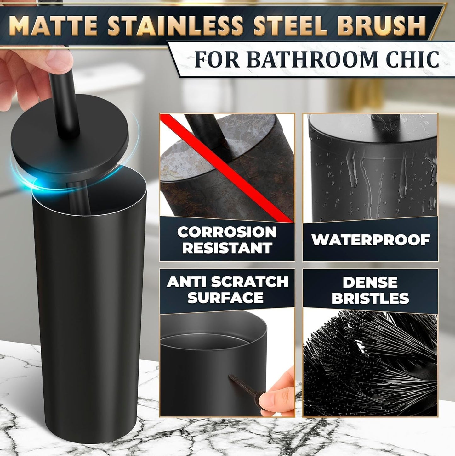 Black Toilet Brush and Holder Set - Slim Matte Design that Fits Anywhere - Stainless Steel Toilet Bowl Brush and Holder with 2 Rounded Corners, Replaceable Head, Removable Inner Bowl & Splash Guard