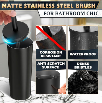 Black Toilet Brush and Holder Set - Slim Matte Design that Fits Anywhere - Stainless Steel Toilet Bowl Brush and Holder with 2 Rounded Corners, Replaceable Head, Removable Inner Bowl & Splash Guard