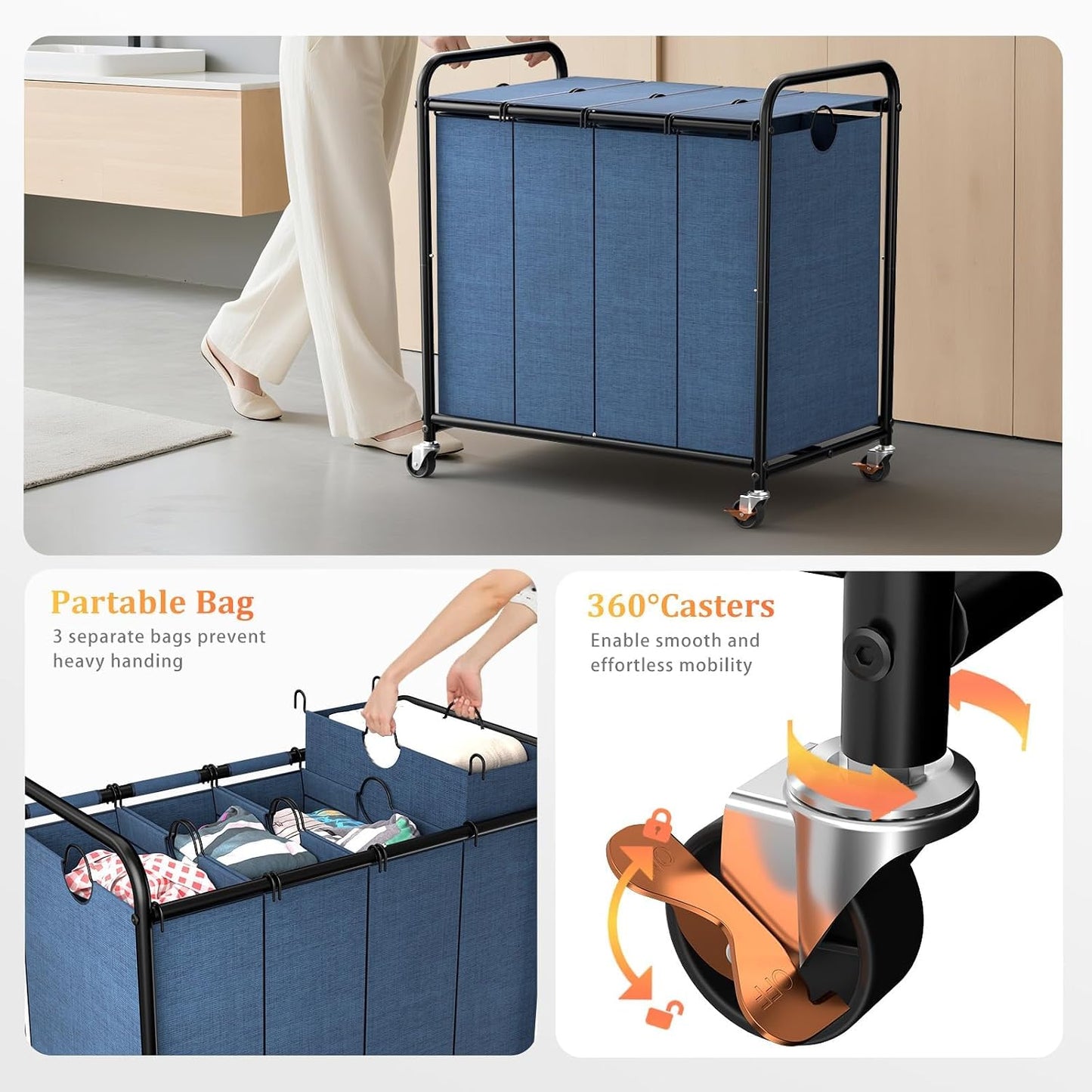 180L (47.55 Gal) Laundry Sorter 3 Section, Rolling Laundry Basket with Lockable Wheels and Lid, Laundry Hamper with 3 Separated Removable Bags Dirty Clothes Hamper for Laundry Room Organizer, Black