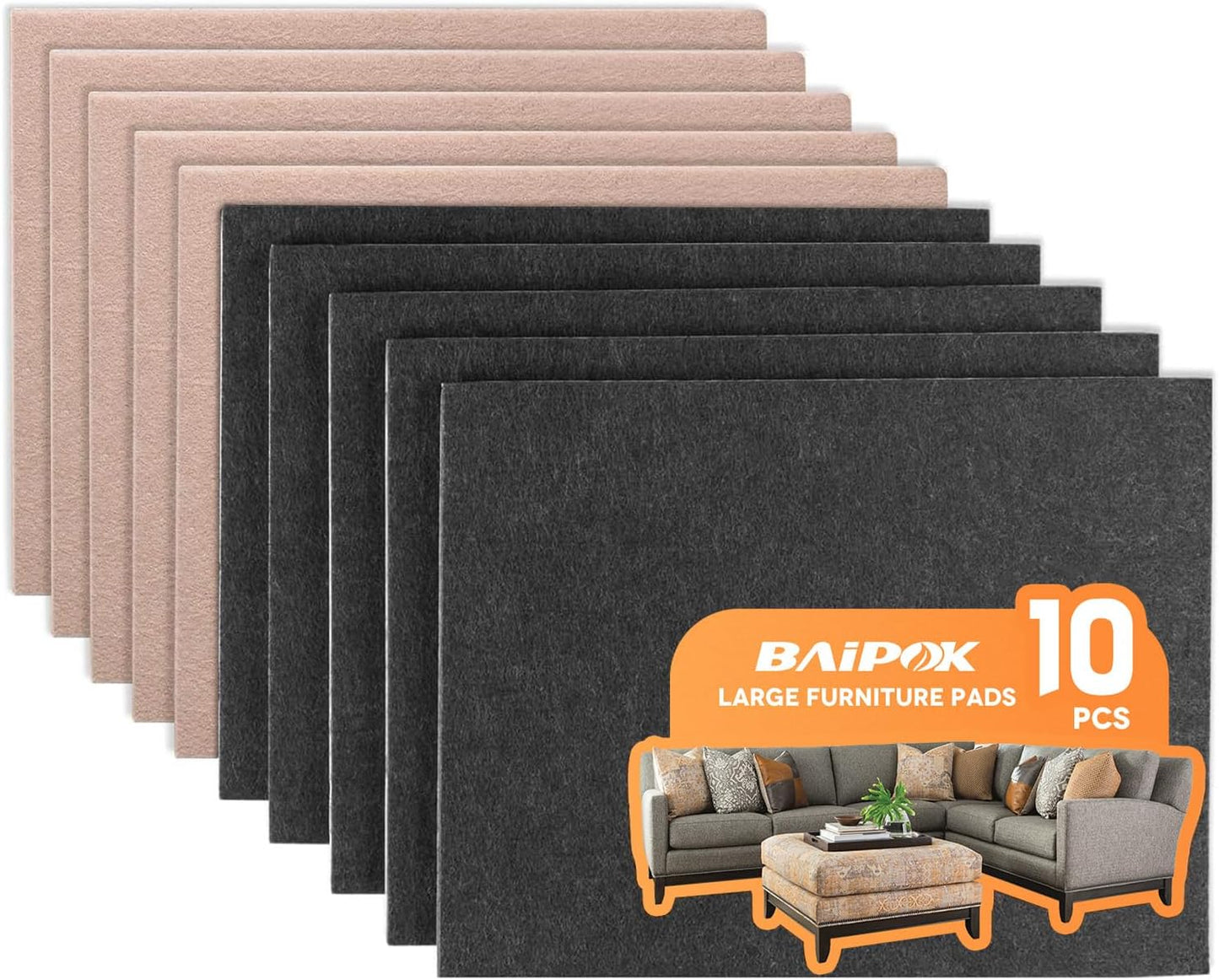 Felt Furniture Pads 10pcs 8" x 6" Adhesive Large Felt Pads, Cuttable Chair Leg Pads, Hardwood Floor Protectors for Furniture, Black