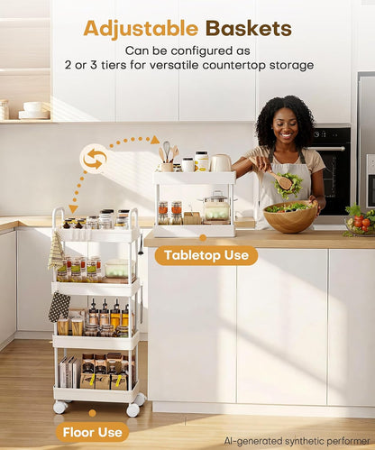 Homde Slim Rolling Cart for Kitchen: 4-Tier Space-Saving Narrow Floor Organizer - 37.4in Tall Vertical Storage for Bottles & Jars - Locking Wheels 8 Hooks for Hang & Grab