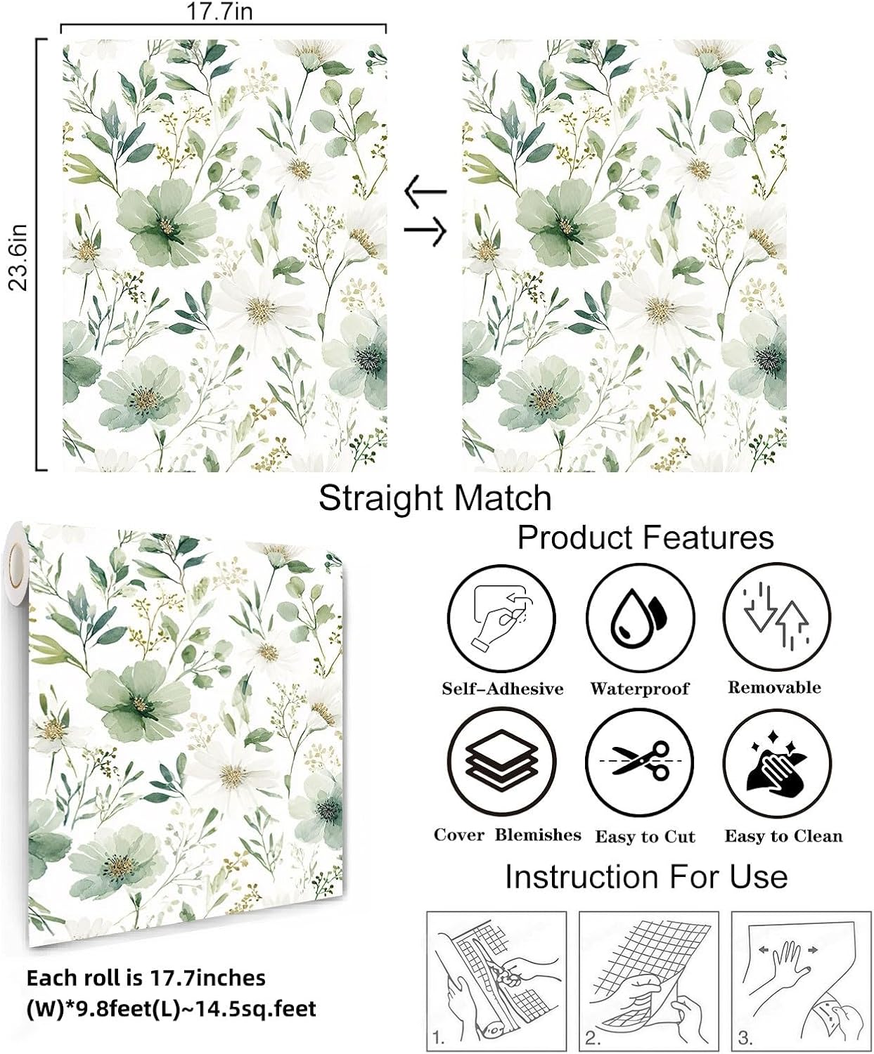 Sage Green Floral Peel and Stick Wallpaper Self Adhesive Removable Modern for Bedroom Accent Wall Renter Friendly Thick Watercolor Natural Flower Wallpaper 17.7" x 118"