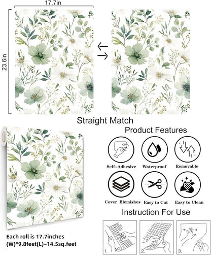 Sage Green Floral Peel and Stick Wallpaper Self Adhesive Removable Modern for Bedroom Accent Wall Renter Friendly Thick Watercolor Natural Flower Wallpaper 17.7" x 118"