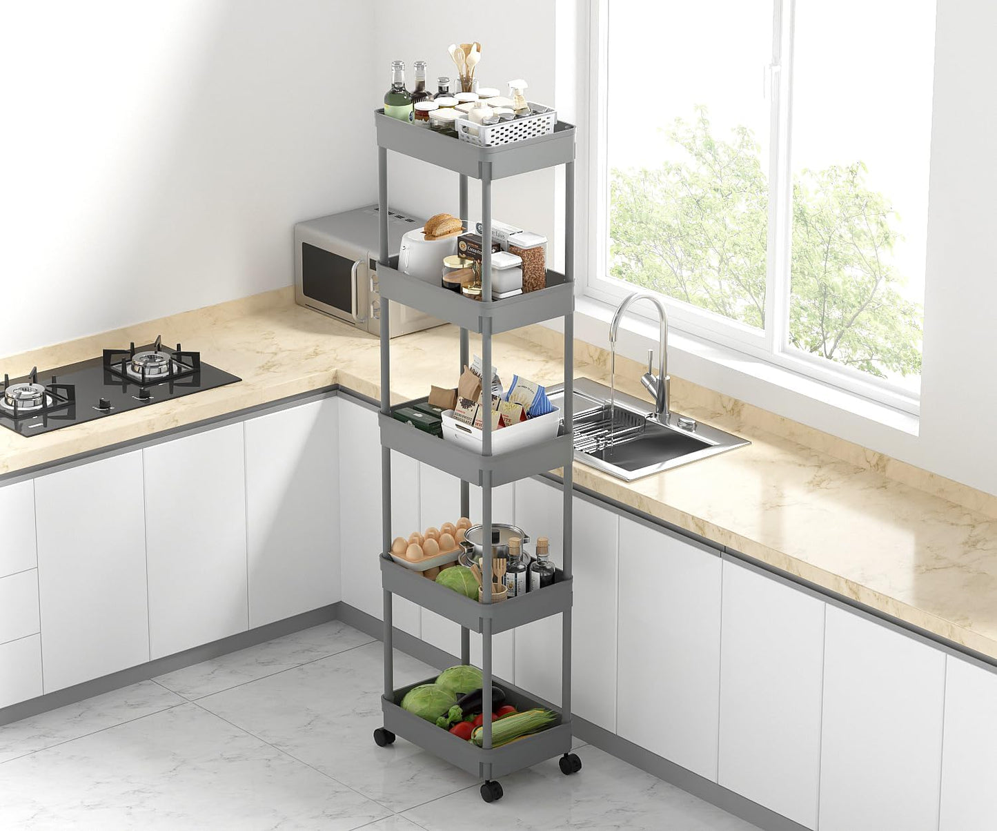 Sooyee 3 Tier Rolling Cart with Wheels, Slim Storage Cart, Under Desk Narrow Rolling Utility Cart Storage Organizer for Office Bathroom Kitchen Laundry Room Narrow Places, White, Plastic and Metal