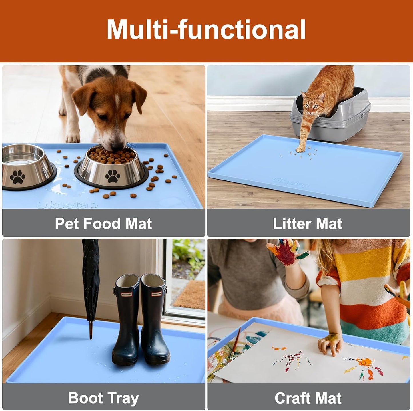 ukeetap Extra Thick Silicone Mat Waterproof with Raised Edge 19” x 12”, BPA Free Non-Slip Dog & Cat Food Mat, Feeding Mat for Food and Water Bowls, Spill Proof Mat to Protect Floors, Black