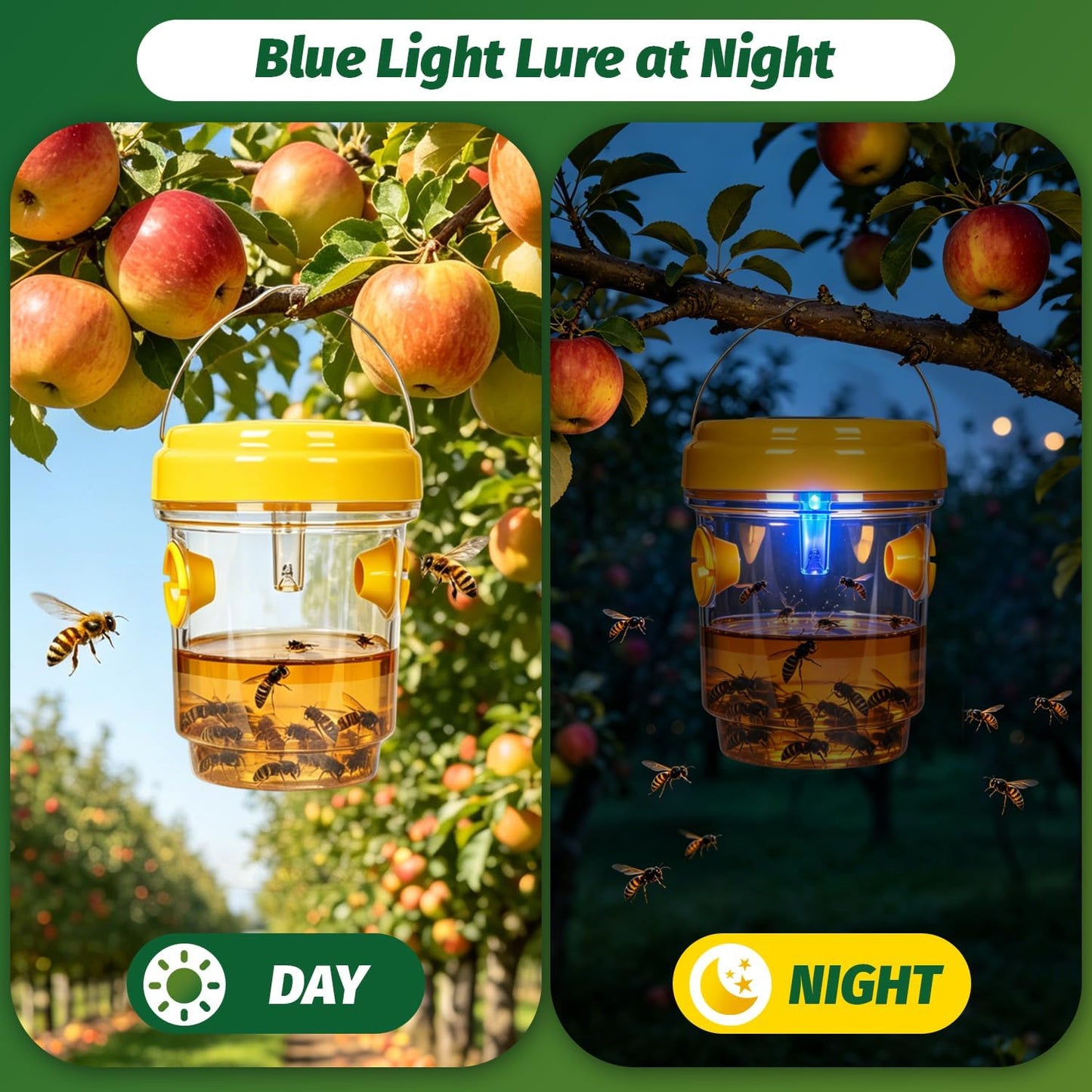 4 Pack Solar Wasp Traps Day & Night, 8-Hour All-Night Battery Life, Reusable Collector for Wasps, Hornets, Yellow Jackets, Insects, with LED Light for Patio Porch Garden Backyard (Bait NOT Included)