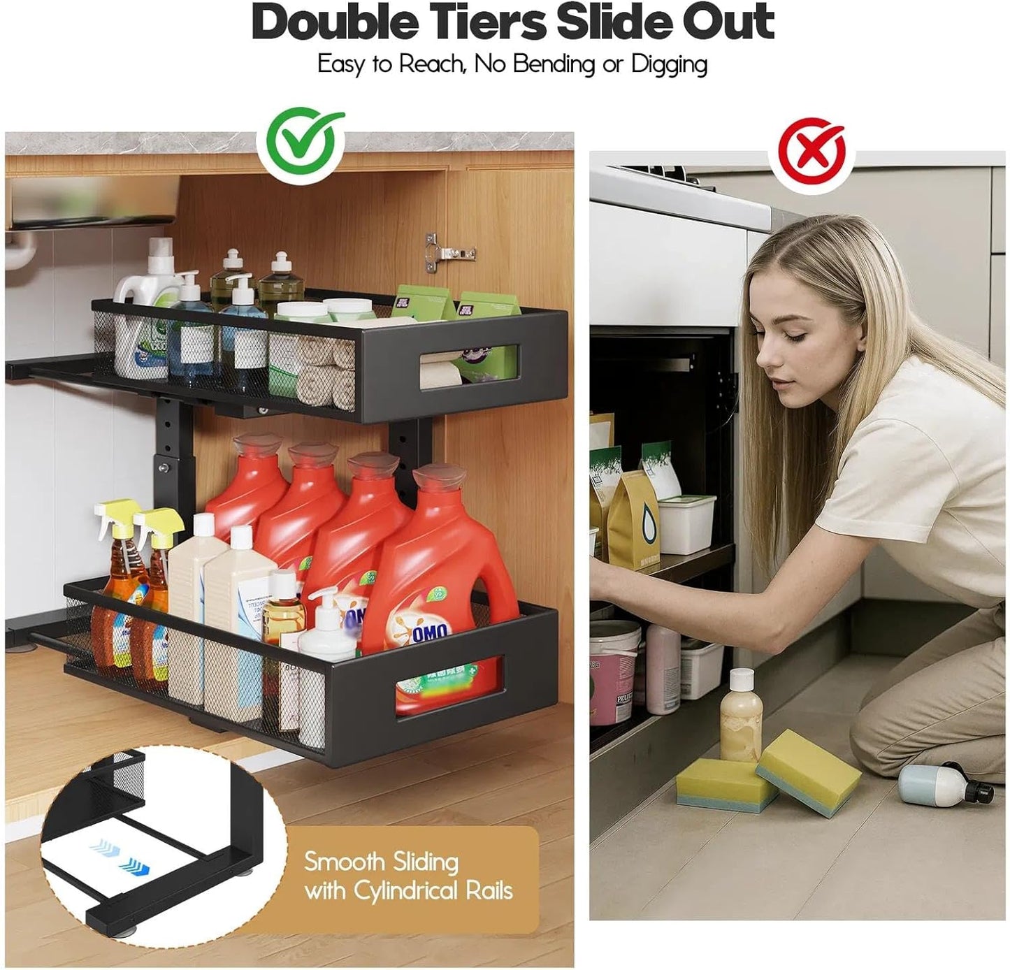 Under Sink Organizer, 2-Tier Dual Pull Out Cabinet Organizer Drawers With Smooth Circular Rail, Large Capacity Metal Mesh Sliding Shelves For Bathroom& Kitchen Storage,Height Adjustable–White,2 Packs