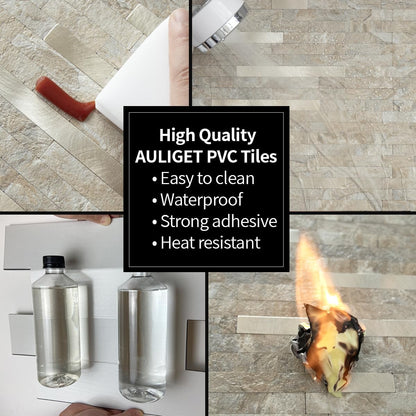 AULIGET 20 Sheets Peel and Stick Backsplash, Black & Grey Wood Look PVC Mixed Metal Stick on Backsplash Tiles for Kitchen