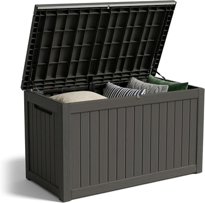 Outdoor Storage Box, 320 Gallon Waterproof Deck Box [Upgraded 3.0], Dual Gas-Spring Ultimate Resin Organizer for King Cushions, Heavy-Duty Lockable Estate Storage Bench, Backyard BBQ, Black