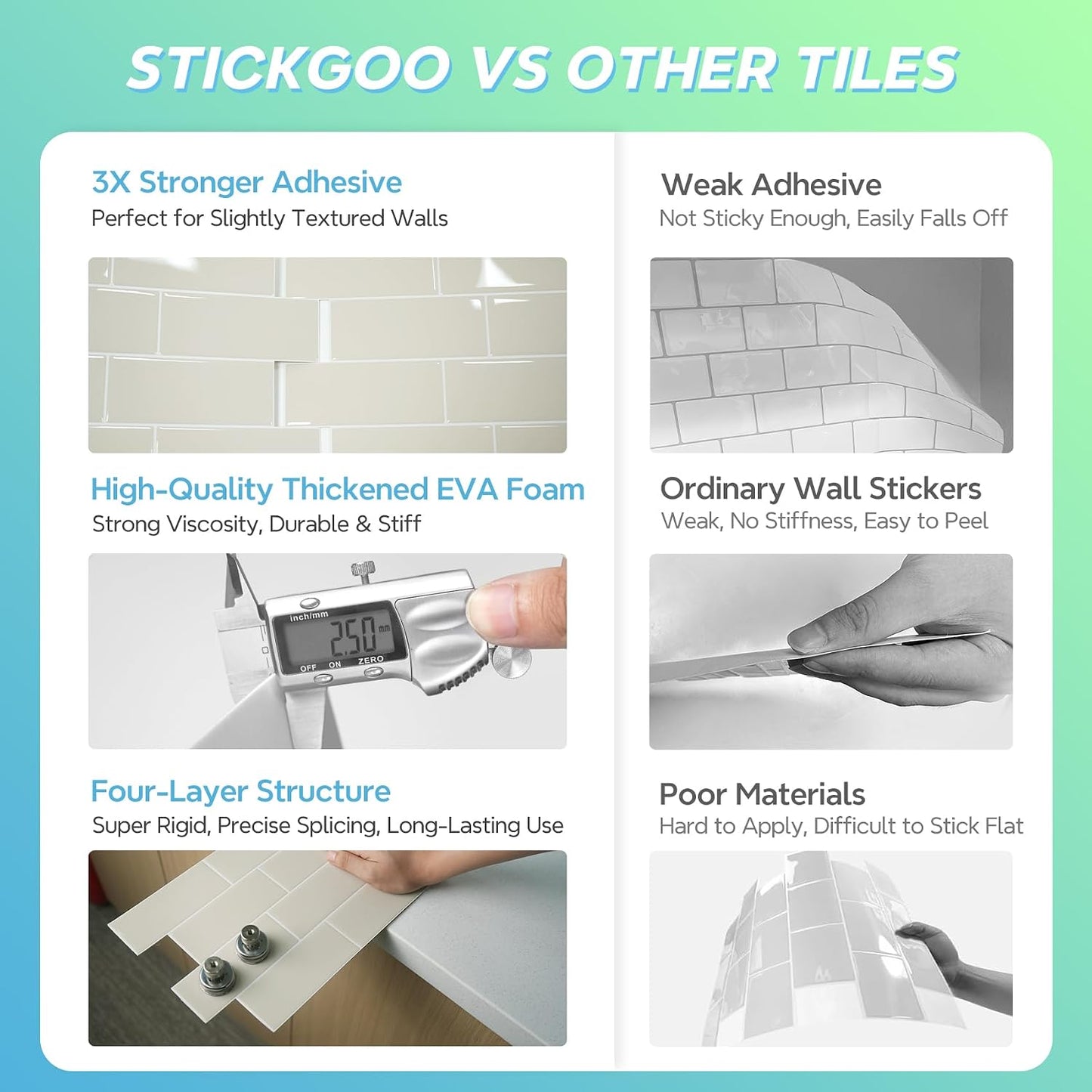 STICKGOO 10 Sheets Subway Tile Peel and Stick Backsplash, Extra Thick 3D Wall Tiles with Commercial-Grade Adhesive for Kitchen, Bathroom, Laundry Room,11.56"x8.38"(White)