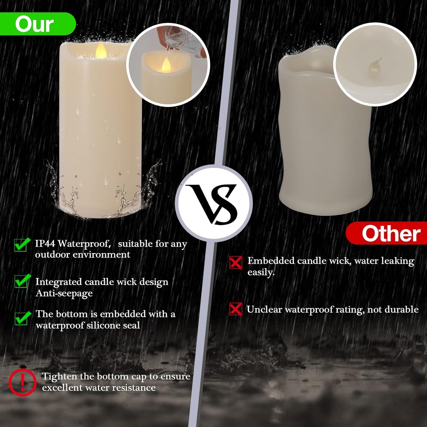 Flameless Flickering Candles with Remote and Timers, 1000 Hours Waterproof Outdoor Indoor Battery Operated LED Pillar Candles, Ivory Plastic, Set of 3(D 3" x H 4" 5" 6")