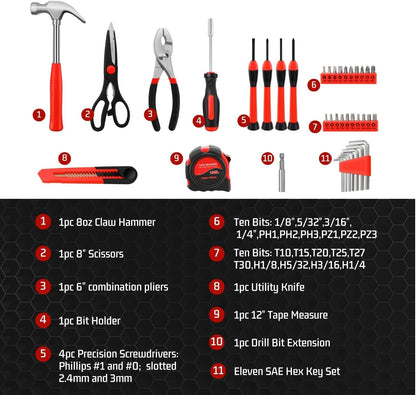 Flexzion 39 Piece Hand Tool Kits with Case - Compact Tool Kit for Handyman, Homeowners DIY - Household Tool Kit for Home with Portable Basic Tool Set Case, Pink