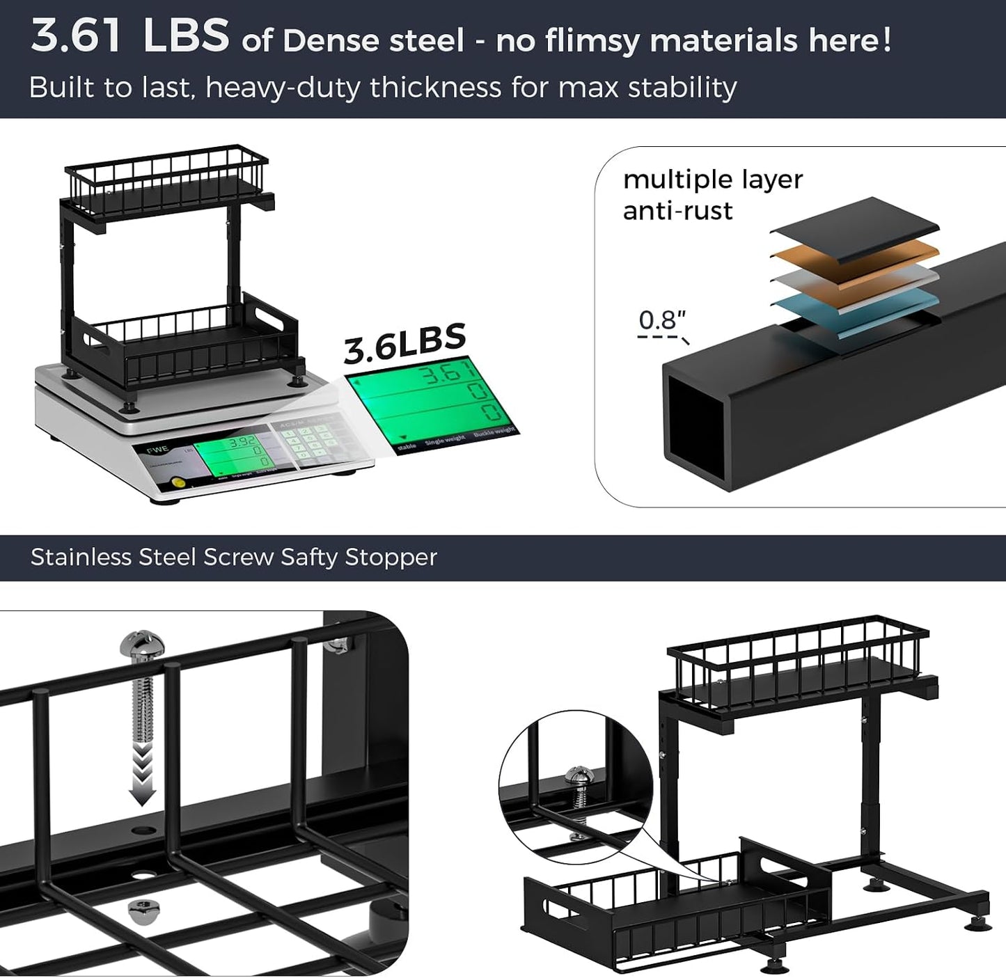 Saydear L-Shaped Under Sink Organizer, 2-Tier Pull-out Cabinet Rack 1-Pack | Black Height-Adjustable Metal Rack, Sliding Grid Drawers with Safety Stopper, Holds 100 Lbs, Ideal Kitchen Cabinet Storage