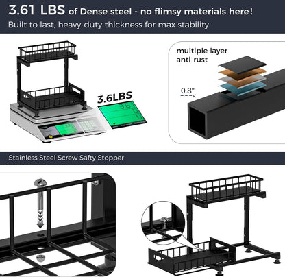 Saydear L-Shaped Under Sink Organizer, 2-Tier Pull-out Cabinet Rack 1-Pack | Black Height-Adjustable Metal Rack, Sliding Grid Drawers with Safety Stopper, Holds 100 Lbs, Ideal Kitchen Cabinet Storage