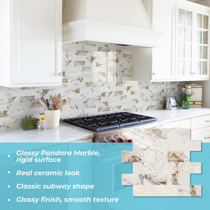STICKGOO 10-Sheet Subway Tile Peel and Stick Backsplash, Seamless Design Polished Eurasia Beige Kitchen Backsplash Wall Tiles, Glossy Surface Waterproof Stick on Tile for Bathroom, RV, Fireplace