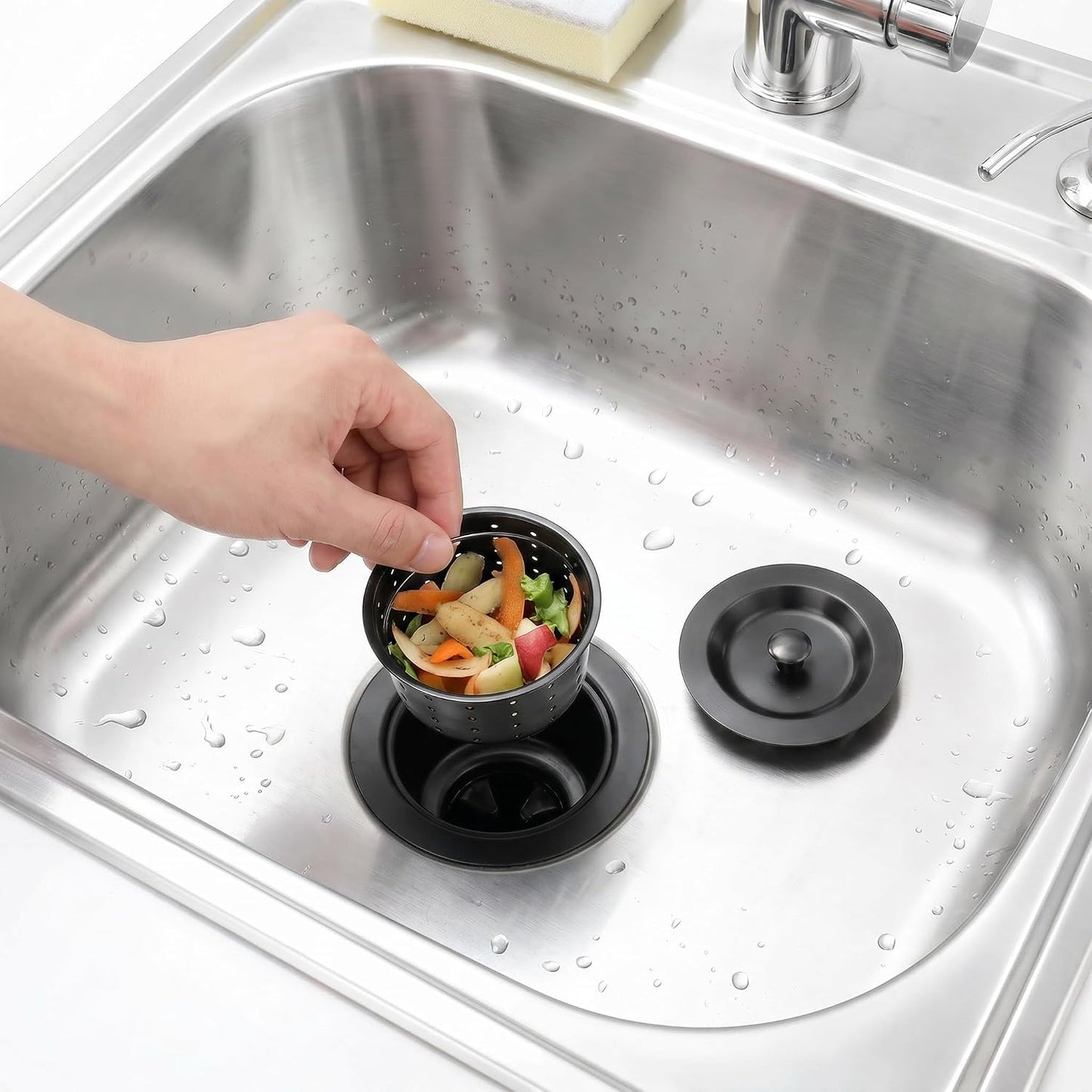 LQS Kitchen Sink Drain Assembly, Kitchen Sink Strainer with Deep Removable Waste Basket, Stainless Steel Sink Basket Strainer with Drain Assembly for 3-1/2-inch Sink Opening Size (Black)