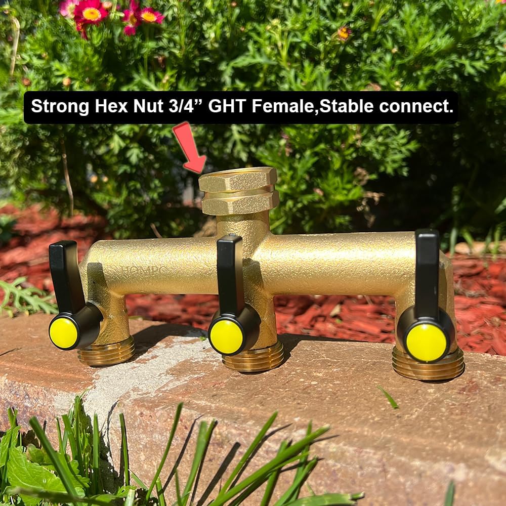 HQMPC Hose Splitter Garden Hose 3 Way Valve Brass Hose Splitter with Solid Long Handle Hose Spigot Splitter 3 Way Valve 3/4" GHT Thread