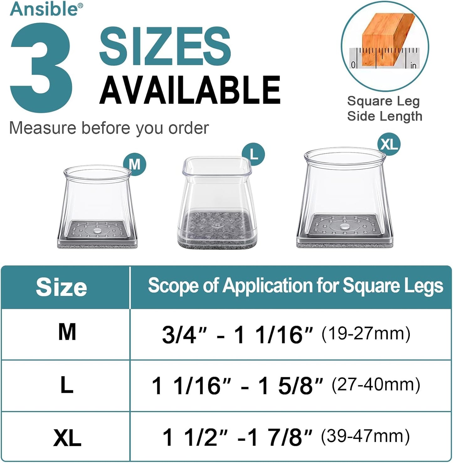 Ansible 24 Pcs Chair Leg Floor Protectors Square, Silicone Felt Furniture Leg Pads Caps Covers for Hardwood Floors (Fit:1-1/16" to 1-5/8")