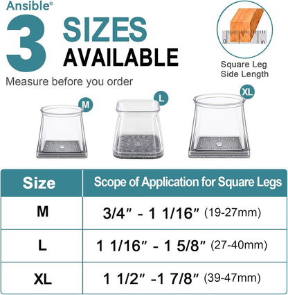Ansible 24 Pcs Chair Leg Floor Protectors Square, Silicone Felt Furniture Leg Pads Caps Covers for Hardwood Floors (Fit:1-1/16" to 1-5/8")
