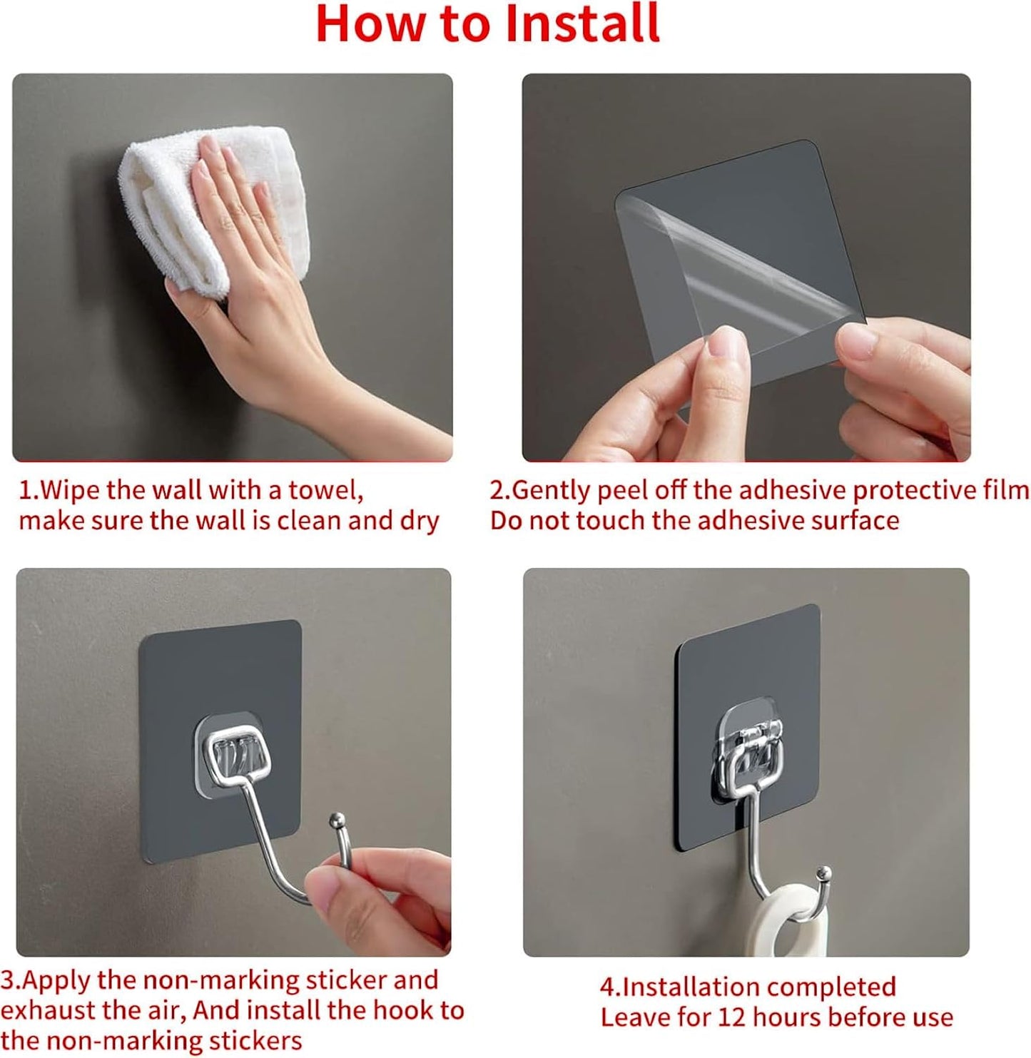 Large Adhesive Hooks, 20 Black Heavy-Duty 40 lb Adhesive Wall Hooks, Waterproof, Rustproof, Ideal for Hanging, Suitable for Bathroom, Kitchen, Home, Ceiling and Window