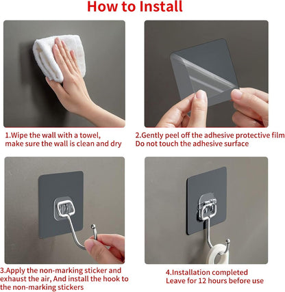 Large Adhesive Hooks, 20 Black Heavy-Duty 40 lb Adhesive Wall Hooks, Waterproof, Rustproof, Ideal for Hanging, Suitable for Bathroom, Kitchen, Home, Ceiling and Window
