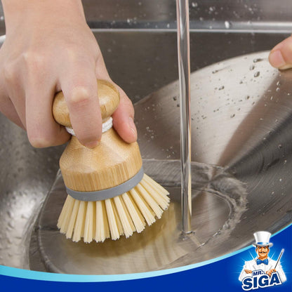 MR.SIGA Dish Brush with Bamboo Handle Built-in Scraper, Scrub Brush for Pans, Pots, Kitchen Sink Cleaning, Pack of 2