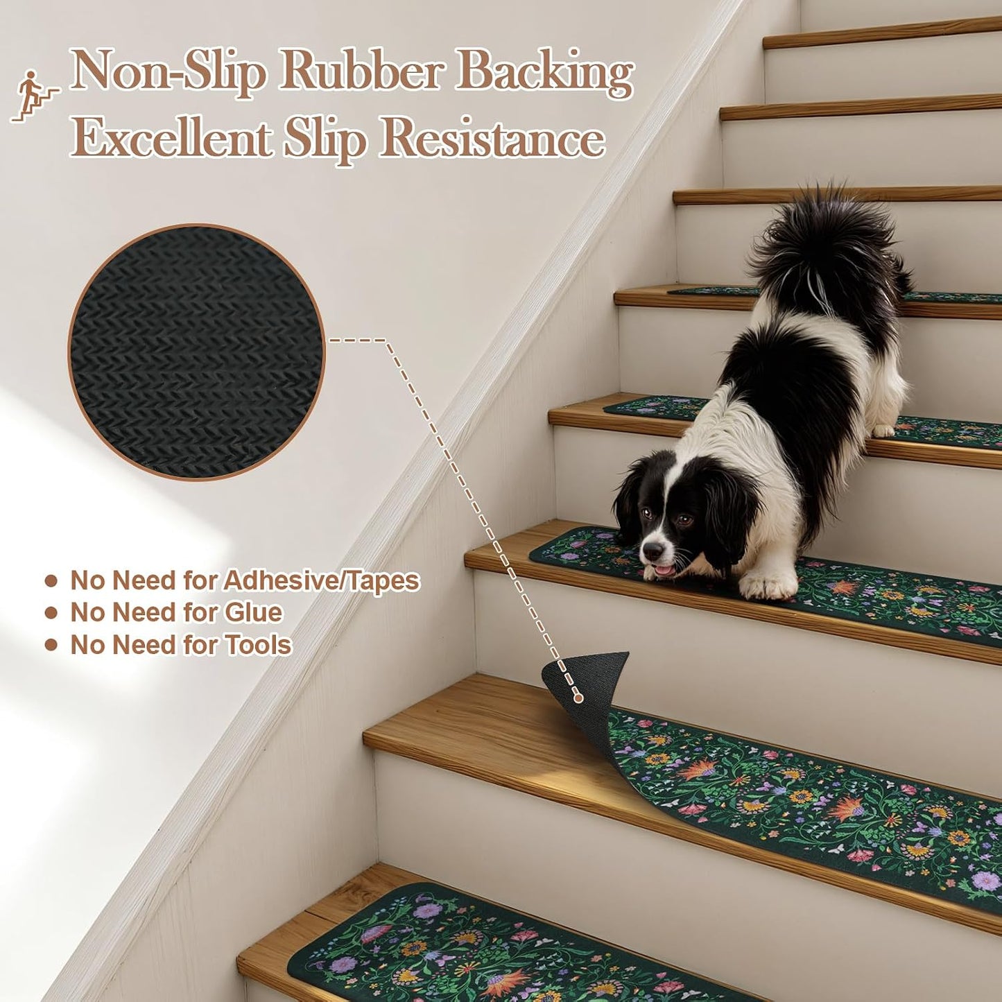 OJIA Floral Stair Treads Non-Slip Carpet Stair Treads for Wooden Steps Indoor 15PCS 30"x8" Stair Runner Stair Mats Staircase Step Treads for Kids, Elders and Dogs, Stair Covers, Black