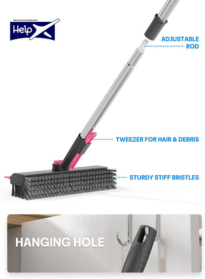 Floor Scrub Brush with Long Handle, 3 in 1 Scrape and Heavy-Duty Stiff Bristle Floor Scrubber Brush with Squeegee and Tweezer for Cleaning Tile Wall Deck Bathroom Patio Garage Kitchen (White)
